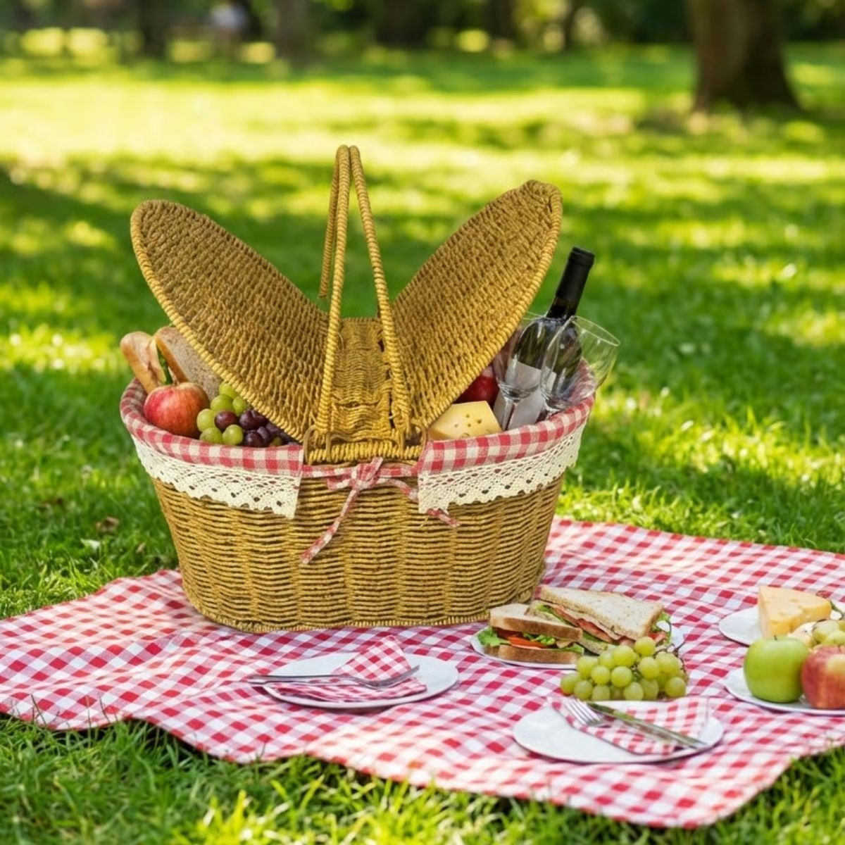 miorashop® 2 Kapaklı Oval Plastik Rattan Piknik Sepeti – Doğal Hasır Görünümlü Çok Amaçlı Piknik, Plaj ve Bahçe Sepeti