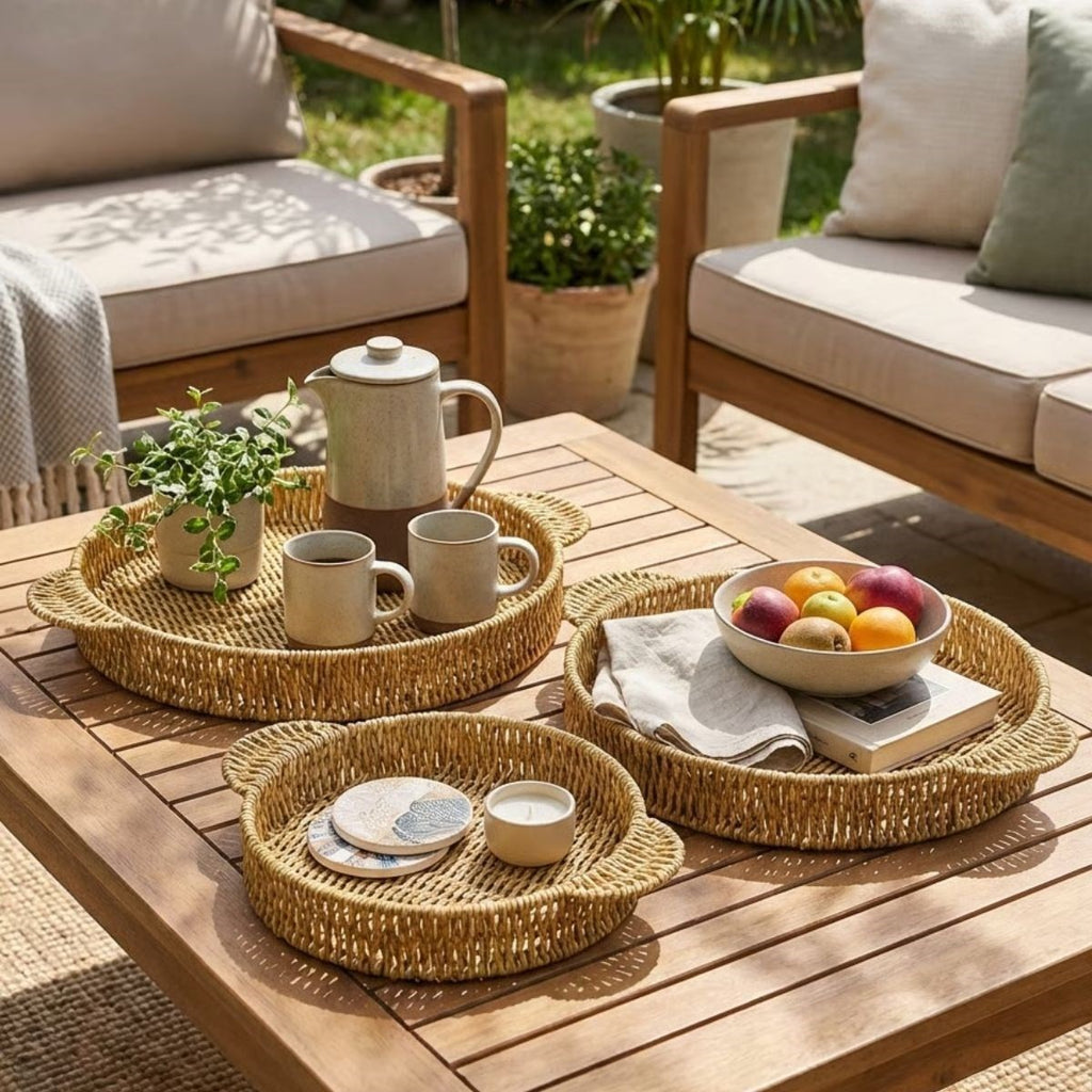 miorashop® İç İçe Geçebilen 3’lü Yuvarlak Plastik Rattan Tepsi Seti–Hasır Görünümlü Çok Amaçlı Servis ve Sunum Tepsileri