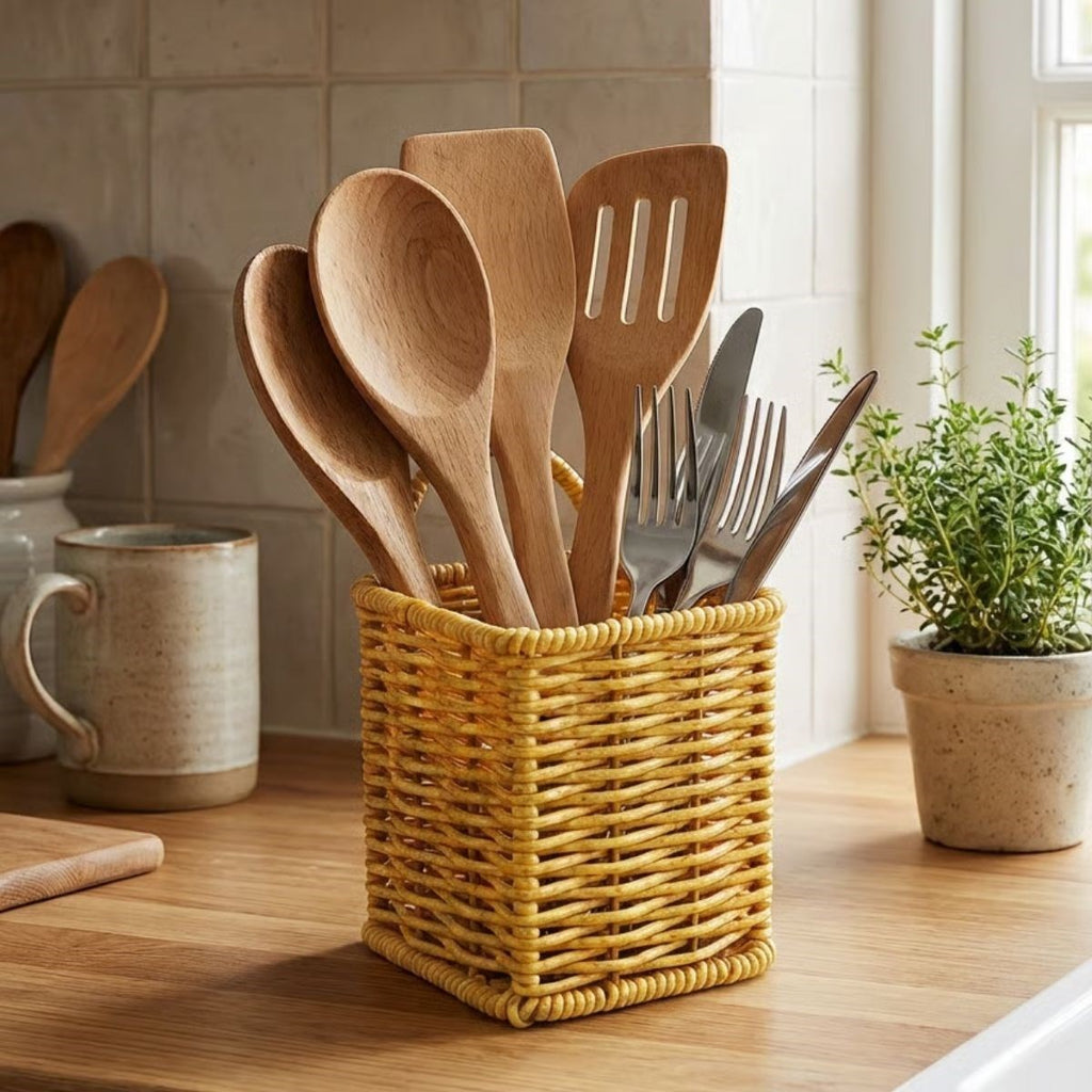miorashop® Kare Hasır Dokulu Plastik Rattan Kaşıklık & Çatallık – Askılı Kendiliğinden Tutmalı Çok Amaçlı Mutfak Organizeri