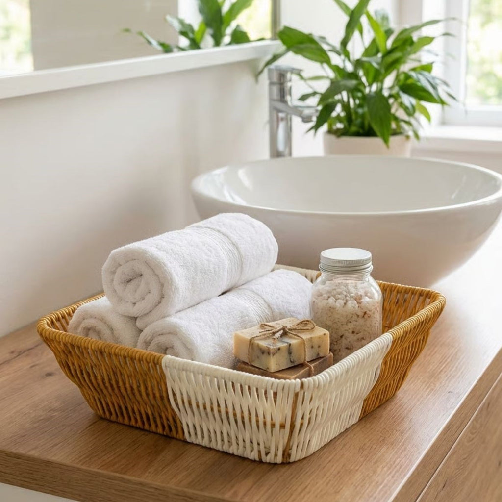 miorashop® Kare Çift Renkli Plastik Rattan Ekmek ve Meyve Sepeti - Çok Amaçlı Banyo ve Mutfak Düzenleyici - Yıkanabilir Tezgâh Üstü Organizer
