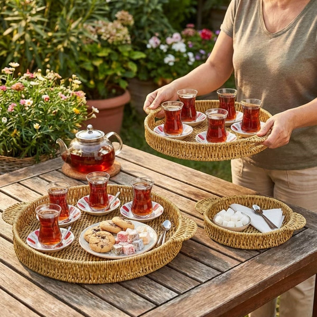 miorashop® İç İçe Geçebilen 3’lü Yuvarlak Plastik Rattan Tepsi Seti–Hasır Görünümlü Çok Amaçlı Servis ve Sunum Tepsileri