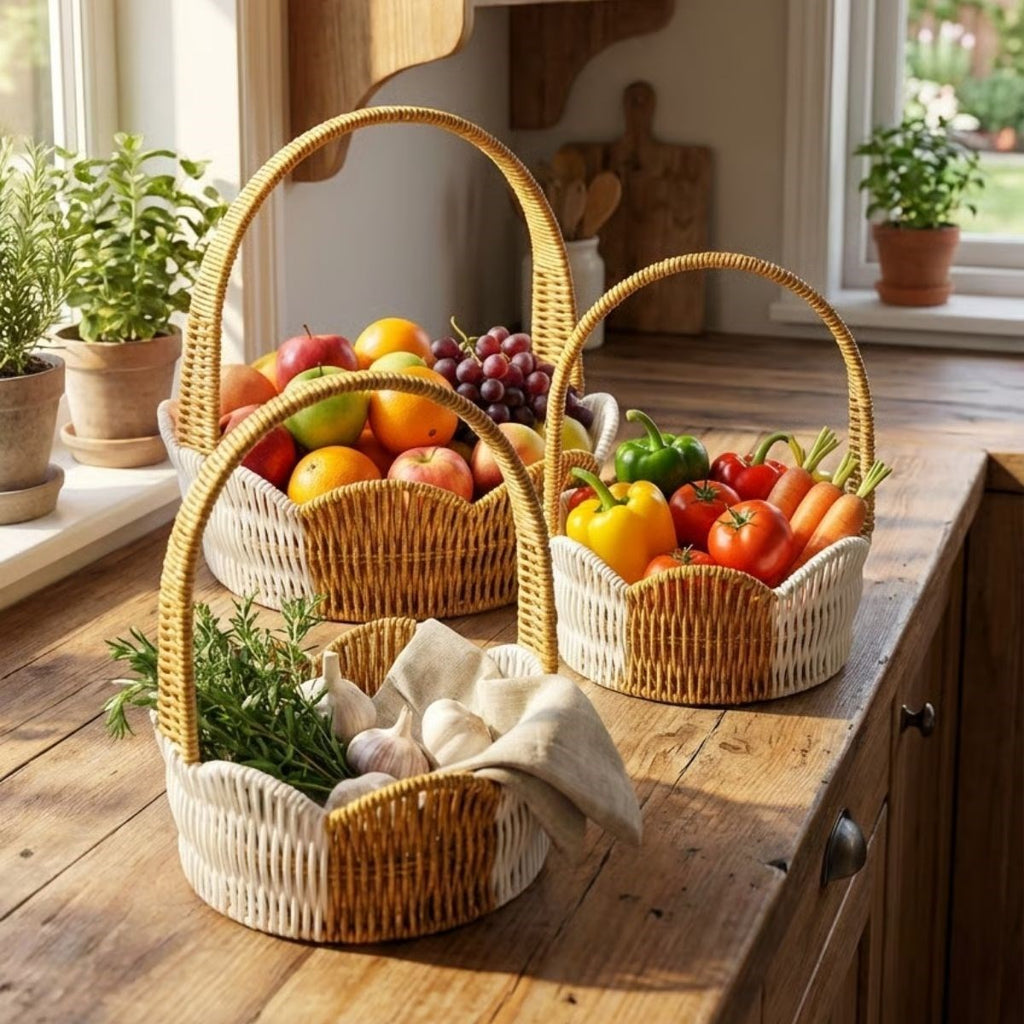 miorashop® İç İçe Geçebilen 3’lü Çift Renkli Yuvarlak Dalgalı Formlu Saplı Plastik Rattan Sepet Seti – Hasır Görünümlü Çok Amaçlı Organizerler
