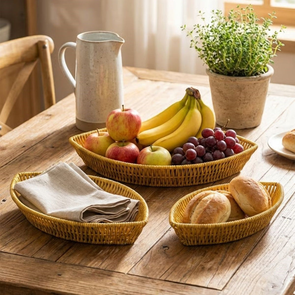 miorashop® 3’lü Kayık Formlu Plastik Rattan Sepet Seti–Hasır Görünümlü Ekmek, Meyve ve Sunum Sepetleri, Çok Amaçlı Masaüstü Organizer