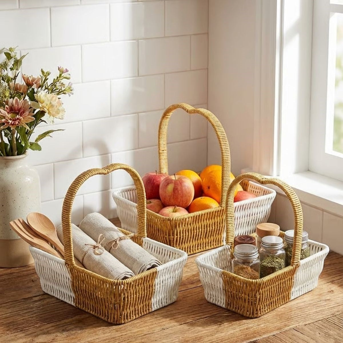 miorashop® İç İçe Geçebilen 3’lü Çift Renkli Dikdörtgen Formlu Kalp Saplı Plastik Rattan Sepet Seti – Hasır Görünümlü Çok Amaçlı Organizerler