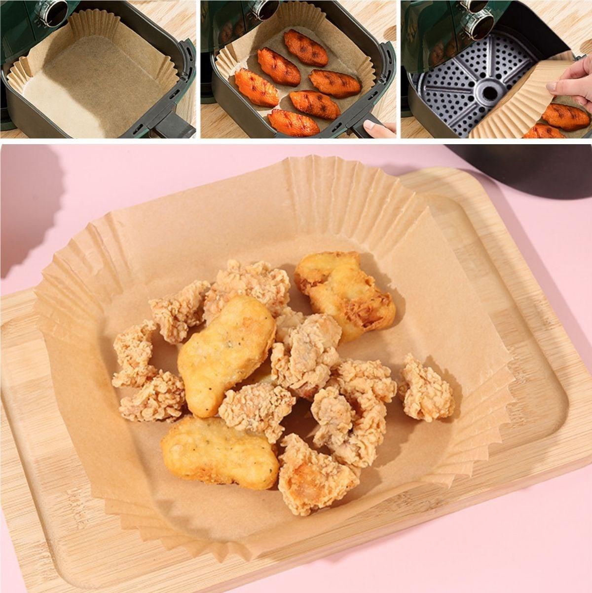 miorashop® 50 Adet Air Fryer Pişirme Kağıdı Tek Kullanımlık Yağ Geçirmez Yapışmaz Kare Tabak Model PVC