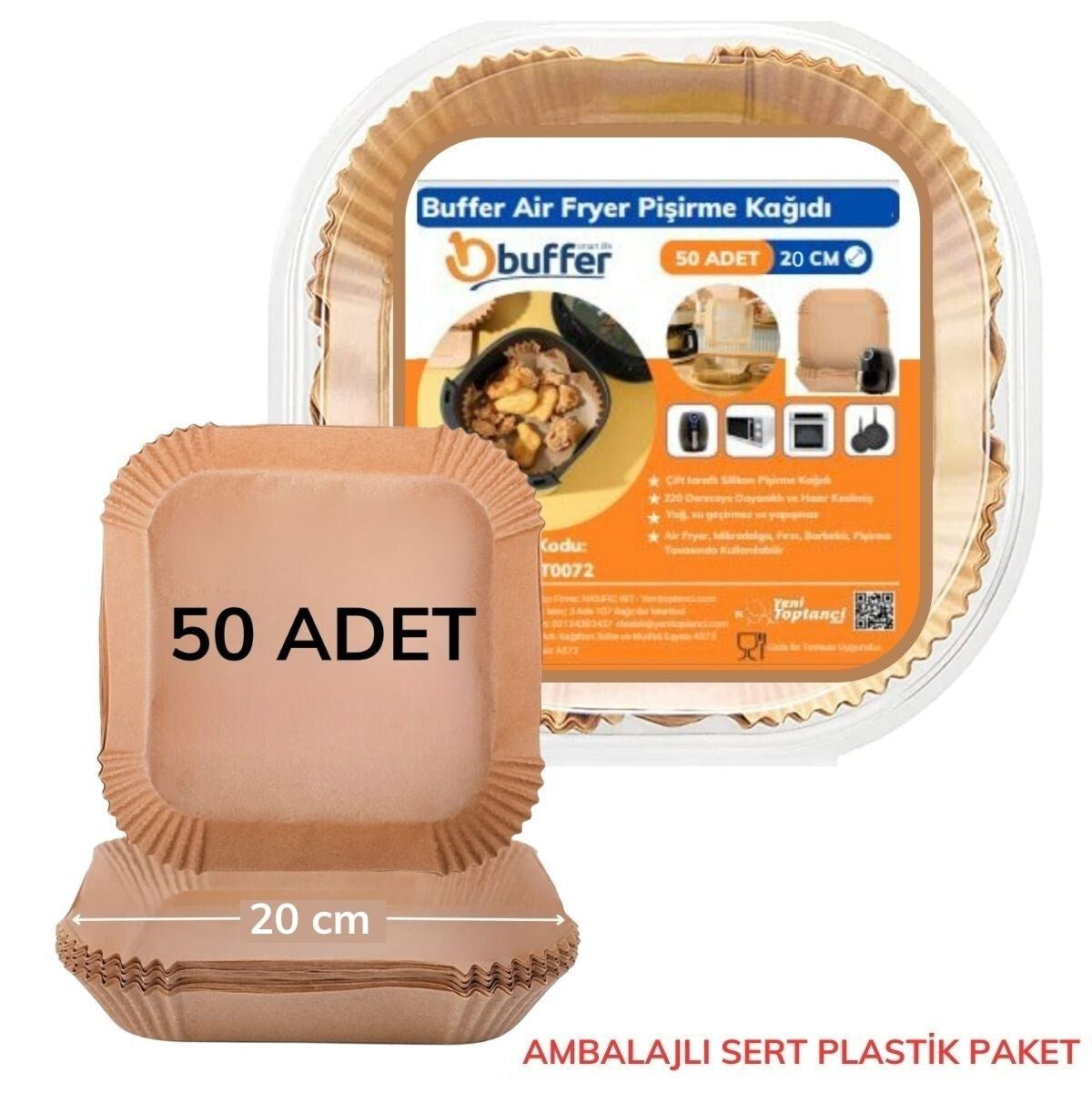 miorashop® 50 Adet Air Fryer Pişirme Kağıdı Tek Kullanımlık Yağ Geçirmez Yapışmaz Kare Tabak Model PVC