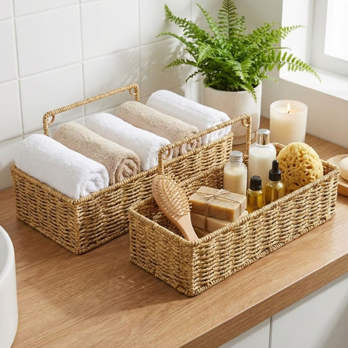 miorashop® 2’li Duvar Askılı Plastik Rattan Organizer – Dikdörtgen Hasır Görünümlü Mutfak Raf Sepeti, Banyo ve Ev İçi Düzenleme Ünitesi