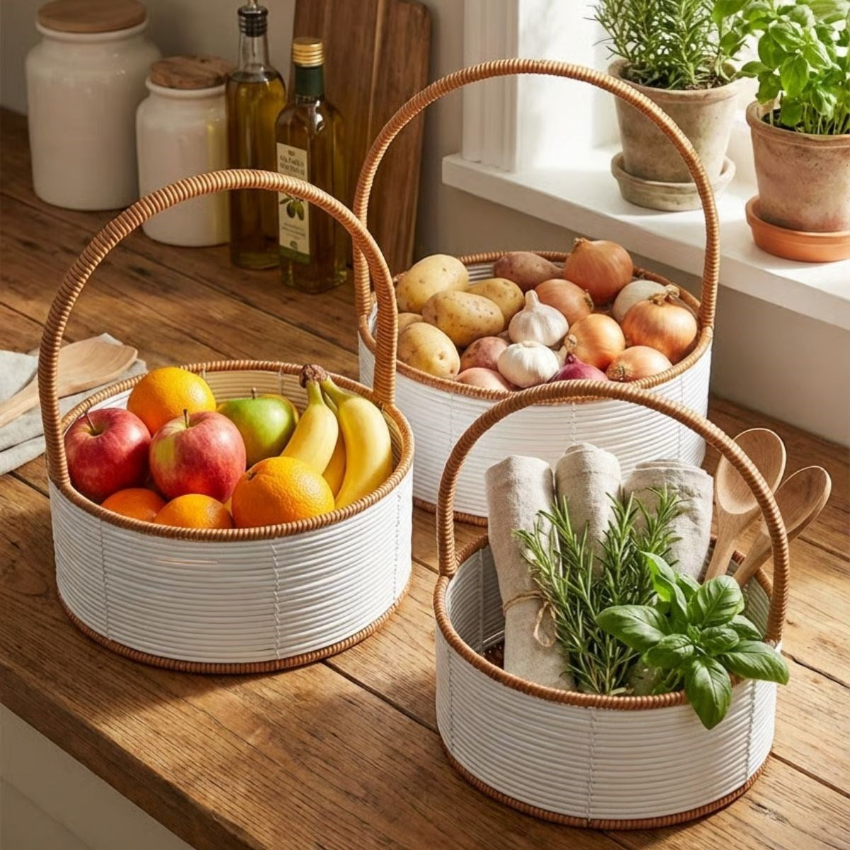 miorashop® 3 Boy İç İçe Geçebilen Plastik Rattan Sepetler–Beyaz Renkli,Kahverengi Saplı, Çok Amaçlı Düzenleyici ve Sunum Sepeti Seti