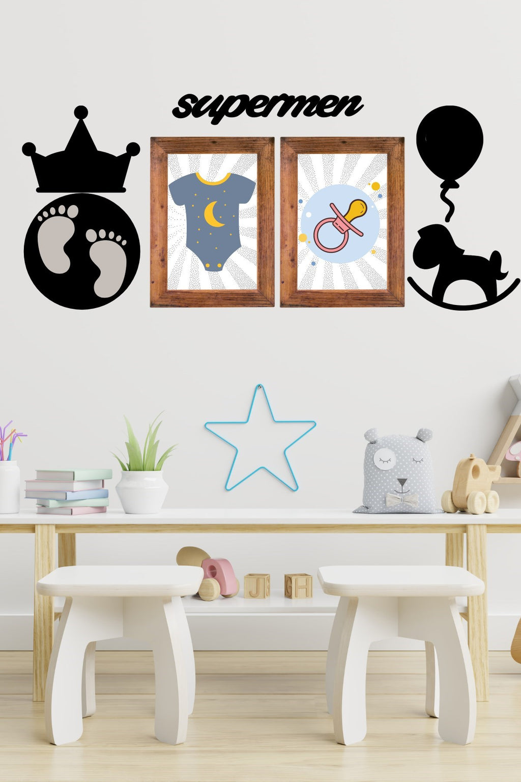 miorashop® DECO103 Supermen Dekoratif Duvar Süsü Tablo Aksesuar Ahşap Tasarım Hediye Pano Sticker Seti