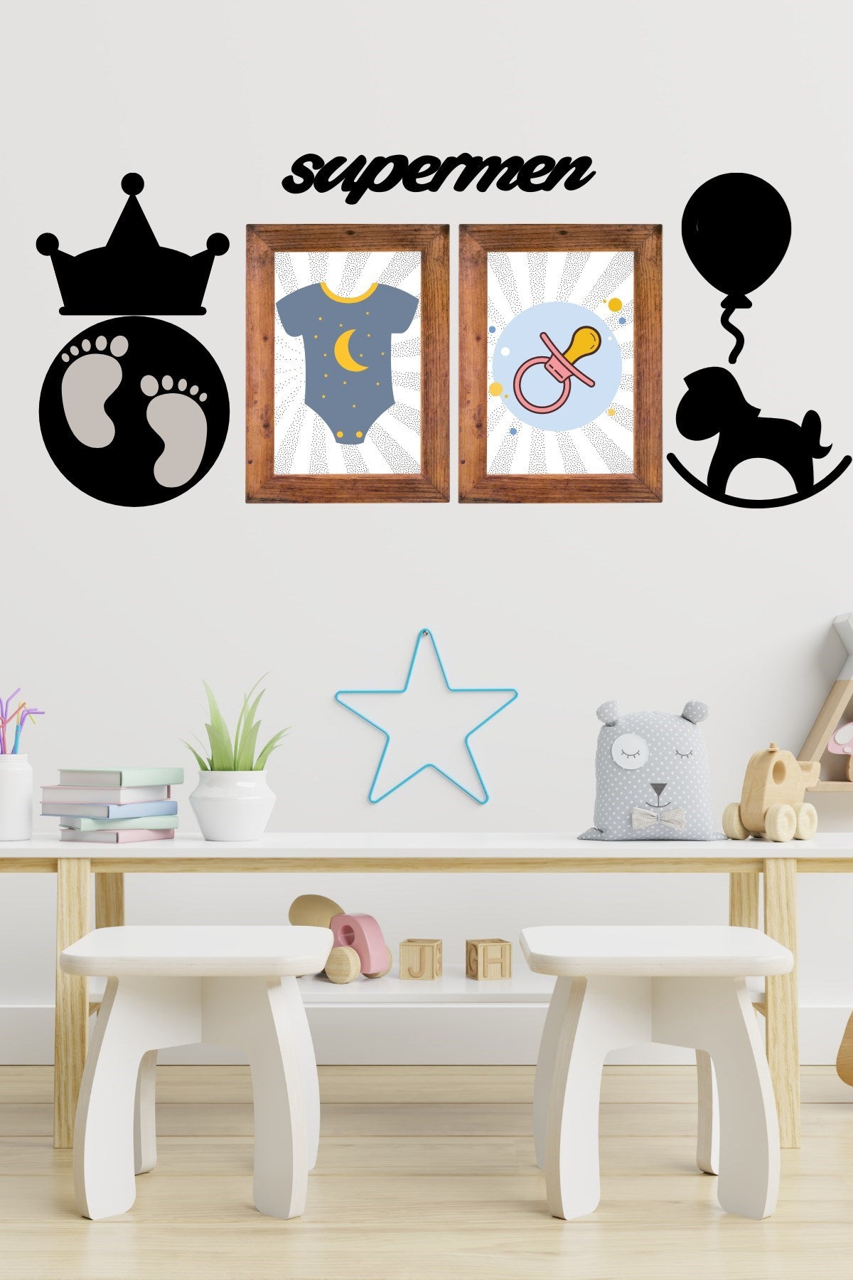 miorashop® DECO103 Supermen Dekoratif Duvar Süsü Tablo Aksesuar Ahşap Tasarım Hediye Pano Sticker Seti