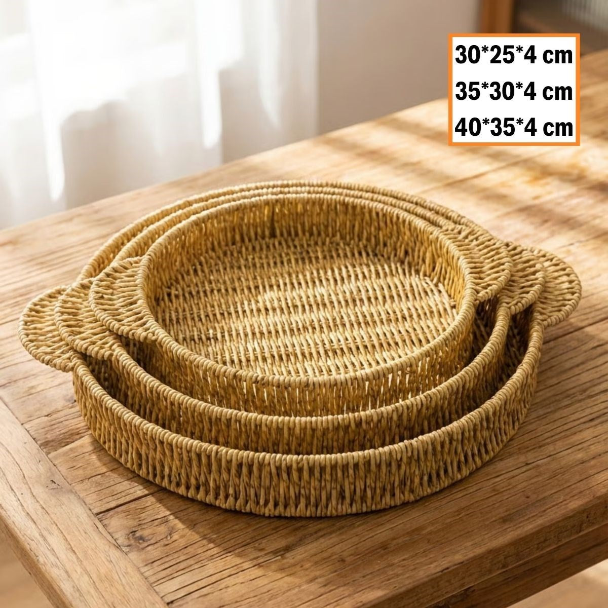 miorashop® İç İçe Geçebilen 3’lü Yuvarlak Plastik Rattan Tepsi Seti–Hasır Görünümlü Çok Amaçlı Servis ve Sunum Tepsileri