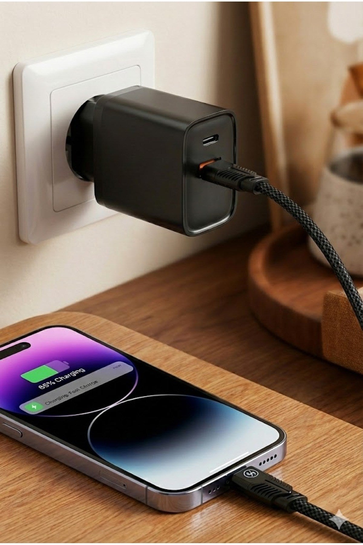 4 in 1 Hızlı Şarj Seti | 38W Çift Portlu Adaptör & Çok Başlıklı Örgü Kablo (Lightning/Type-C/USB)