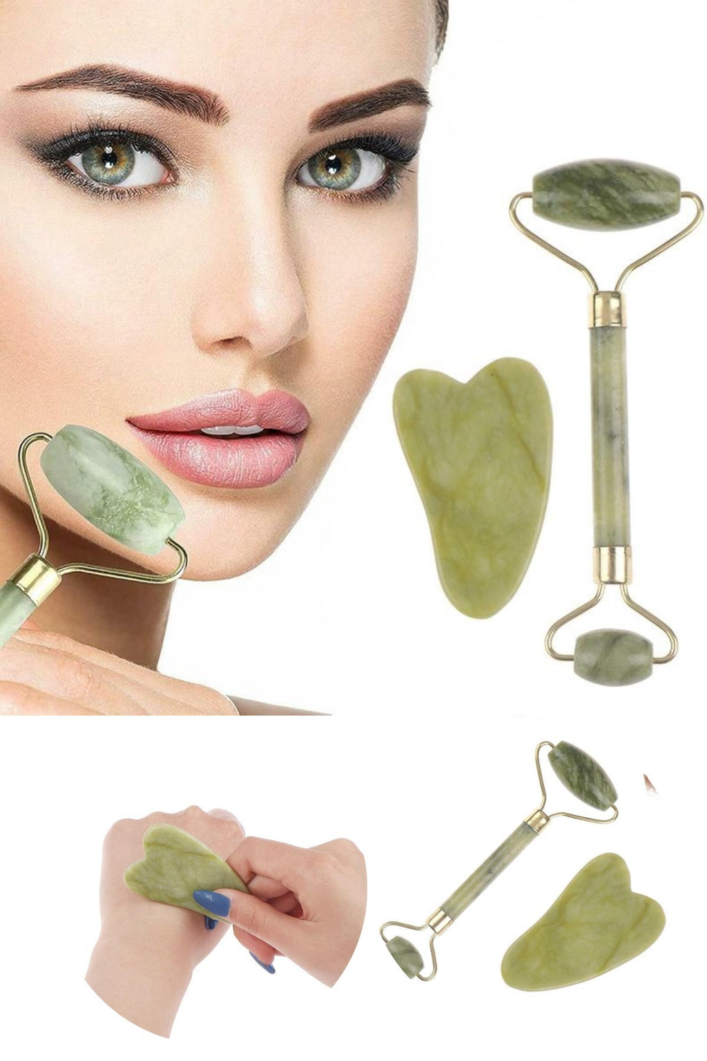 miorashop® Çift Taraflı 2li Cilt Yüz Masaj Aleti Jade Roller Yeşim  Taşı Seti