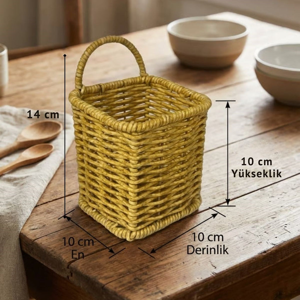 miorashop® Kare Hasır Dokulu Plastik Rattan Kaşıklık & Çatallık – Askılı Kendiliğinden Tutmalı Çok Amaçlı Mutfak Organizeri