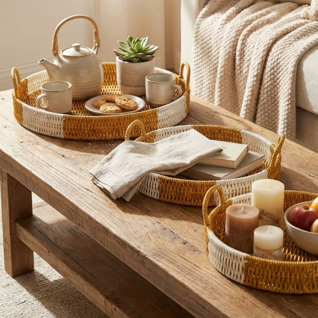 miorashop® İç İçe Geçebilen 3’lü Yuvarlak Plastik Rattan Tepsi Seti–Çift Renkli Hasır Görünümlü Çok Amaçlı Servis ve Sunum Tepsileri