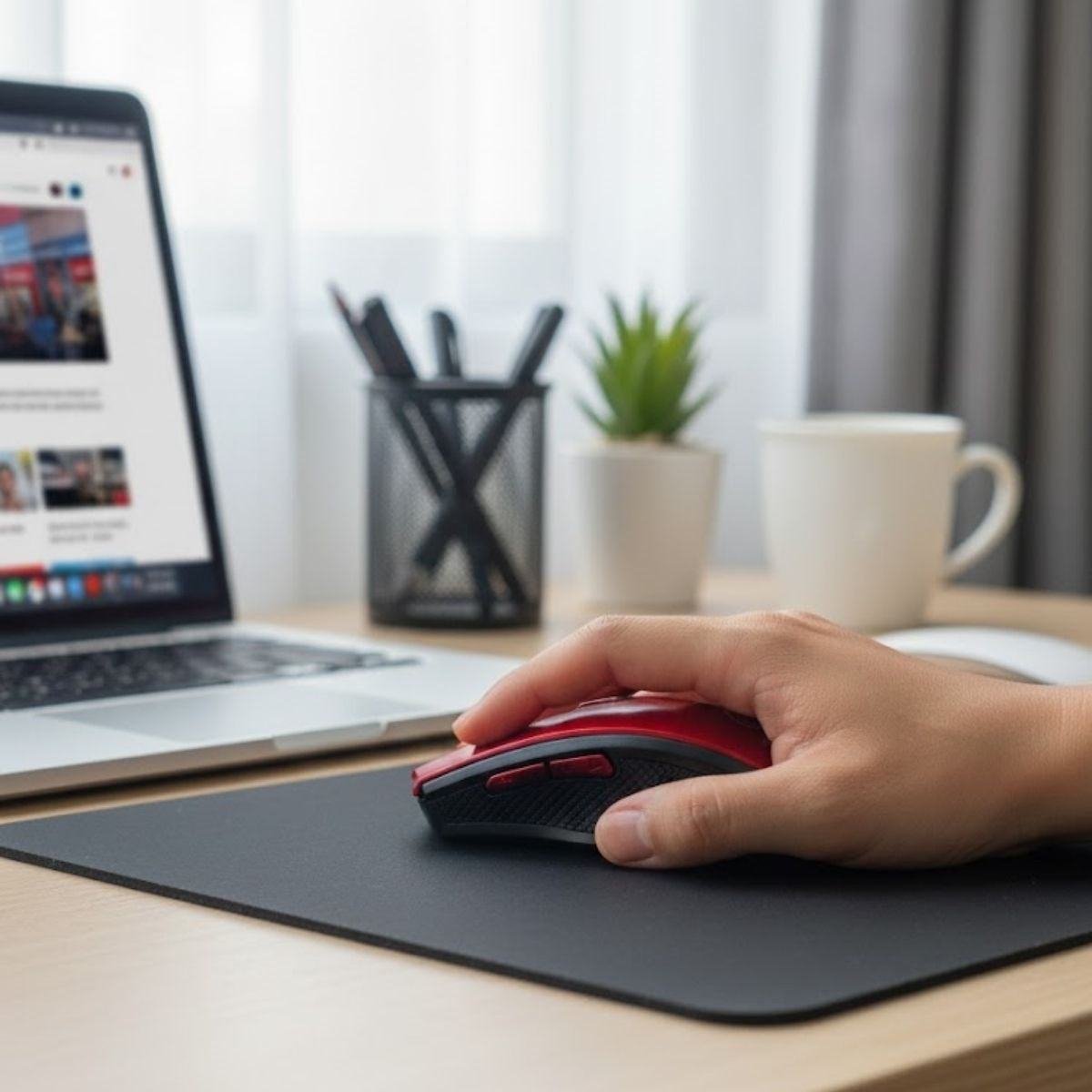 miorashop® Kırmızı Renkli Baş Parmak Destekli Ergonomik Sessiz Kablosuz Mouse – USB Alıcılı, Ofis ve Oyun İçin Konforlu Bilgisayar Faresi MS6300