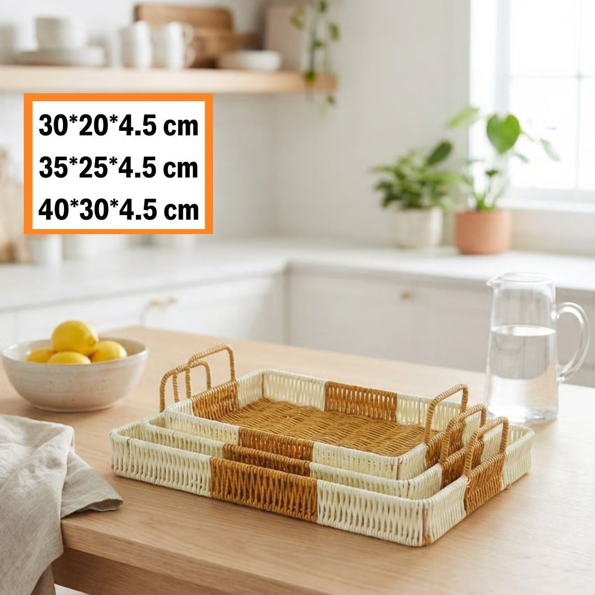miorashop® İç İçe Geçebilen 3’lü Dikdörtgen Plastik Rattan Tepsi Seti–Çift Renkli Hasır Görünümlü Çok Amaçlı Servis ve Sunum Tepsileri