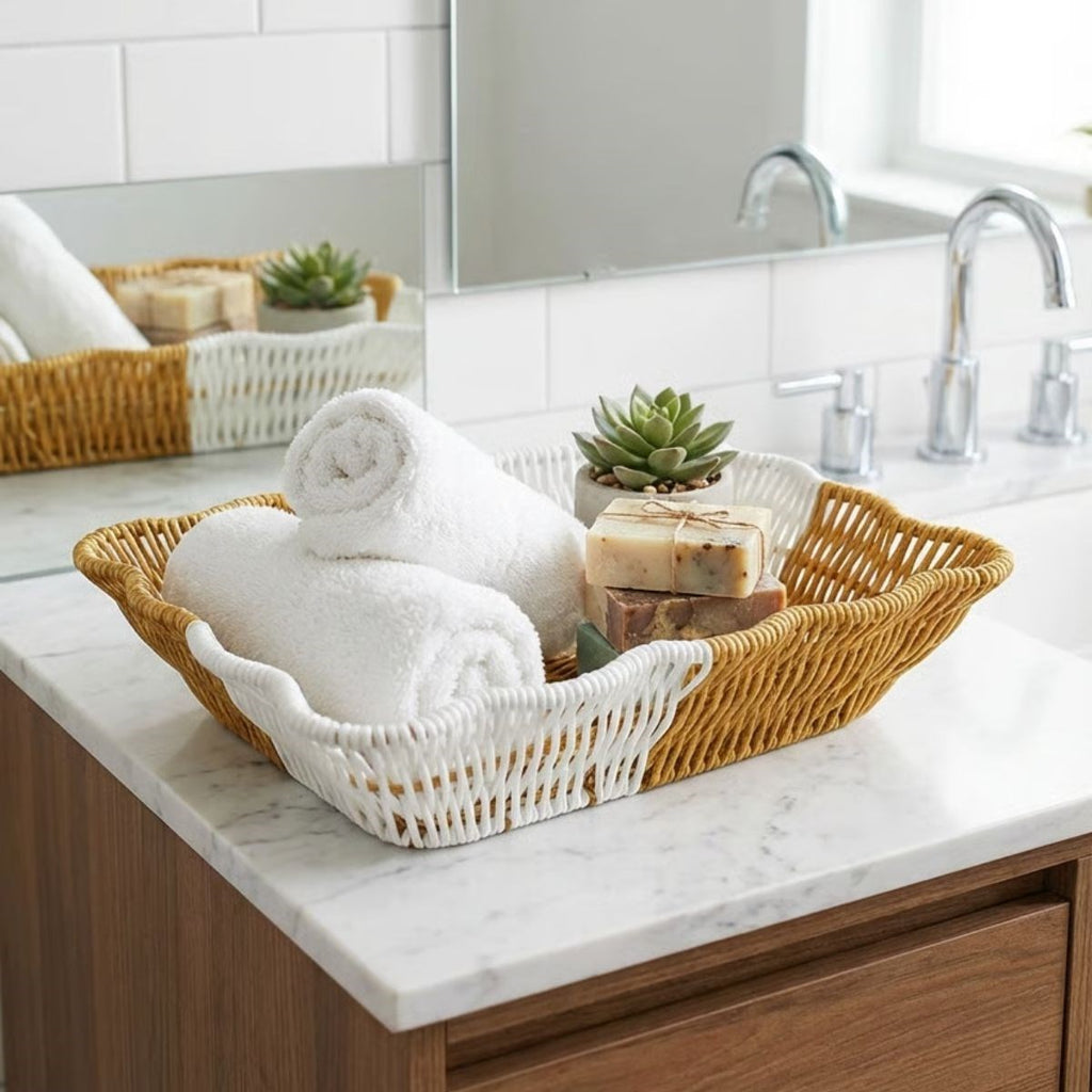 miorashop® Dikdörtgen Çift Renkli Plastik Rattan Ekmek ve Meyve Sepeti - Çok Amaçlı Banyo ve Mutfak Düzenleyici - Yıkanabilir Tezgâh Üstü Organizer