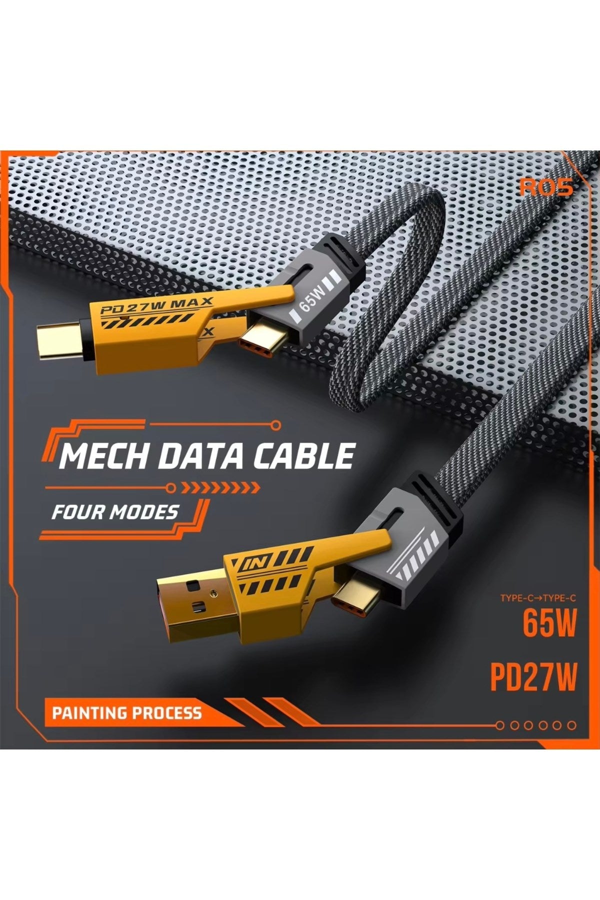 4’ü 1 Arada 65W Hızlı Şarj Kablosu – USB ve Type-C Girişli, Örgülü Dayanıklı