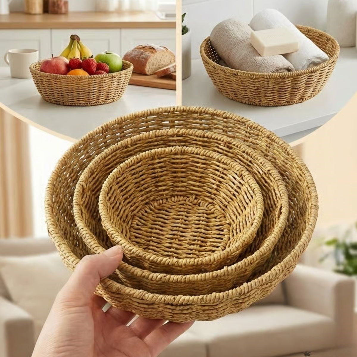 miorashop® 3’lü Plastik Rattan Çanak Seti – Hasır Görünümlü İç İçe Geçebilen Sunum ve Düzenleme Kaseleri, Mutfak & Masaüstü Çok Amaçlı Organizer
