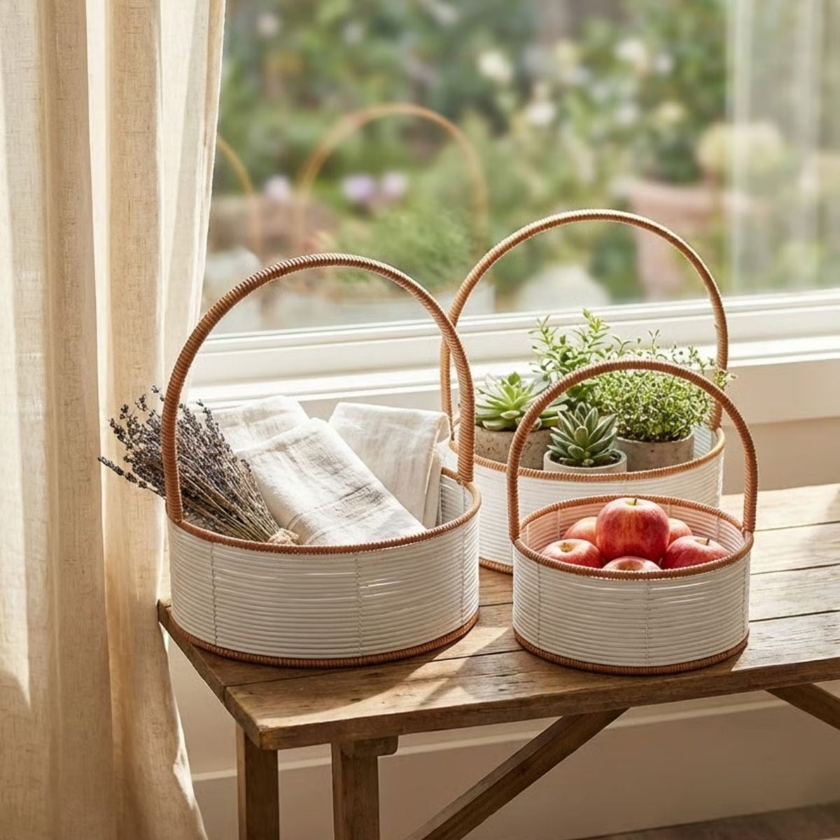miorashop® 3 Boy İç İçe Geçebilen Plastik Rattan Sepetler–Beyaz Renkli,Kahverengi Saplı, Çok Amaçlı Düzenleyici ve Sunum Sepeti Seti