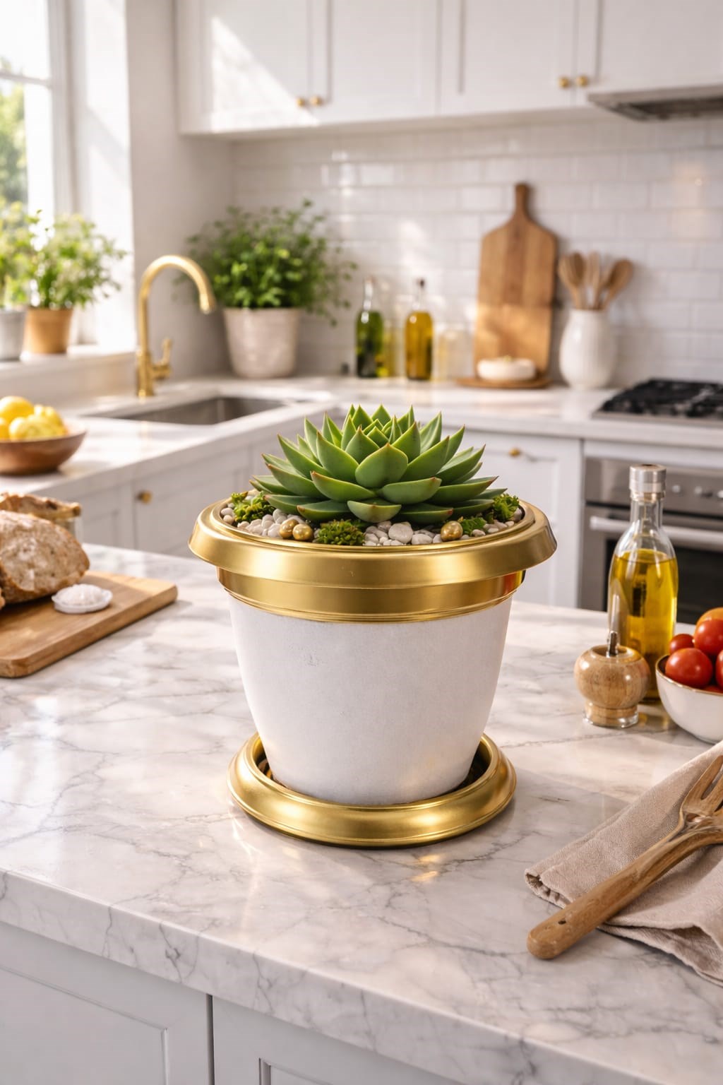 NF Gold Bilezikli 1.7 Litre Dekoratif Plastik Saksı Beyaz