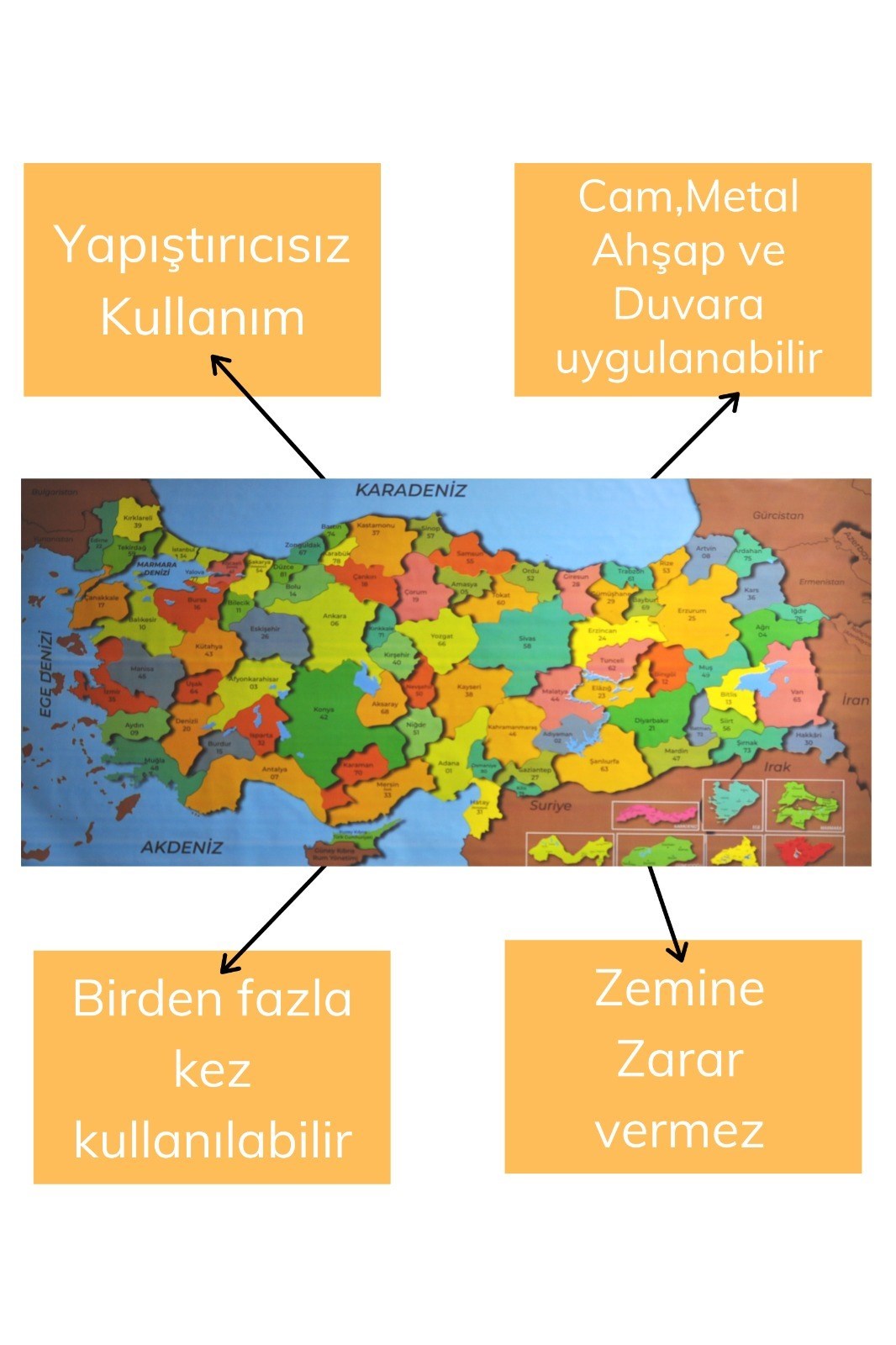 miorashop® Renkli Türkiye Haritası Manyetik Yapıştırıcı Gerektirmeyen Duvar Stickerı 118 CM * 56 CM
