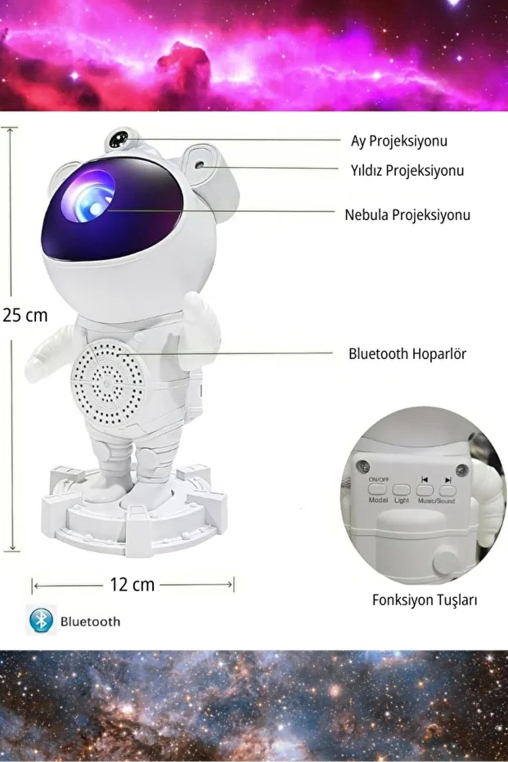 Astronot Bluetooth Hoparlör Bulutsusu Galax yAy Tavan Gökyüzü Projektör Zamanlayıcı Gece Lambası