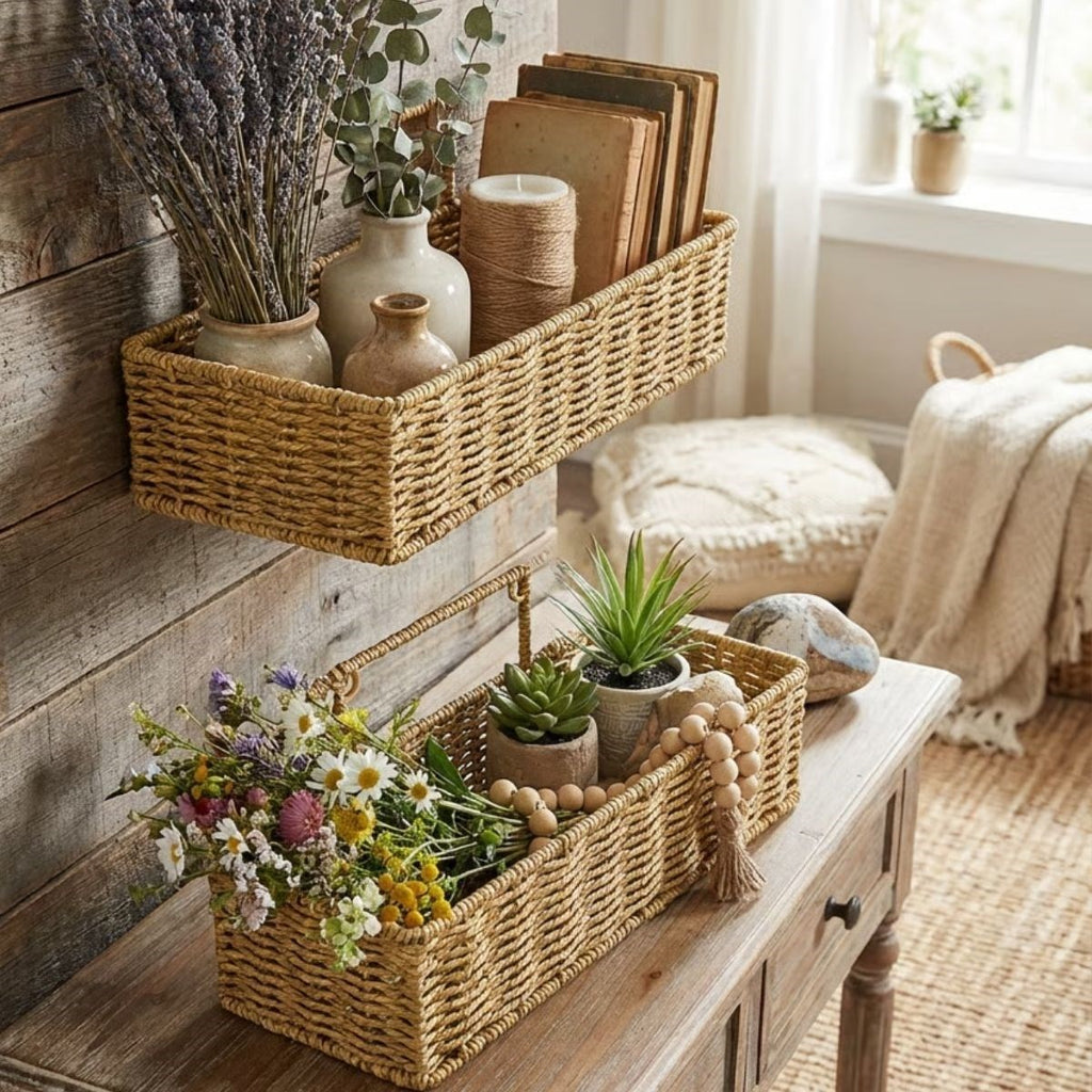 miorashop® 2’li Duvar Askılı Plastik Rattan Organizer – Dikdörtgen Hasır Görünümlü Mutfak Raf Sepeti, Banyo ve Ev İçi Düzenleme Ünitesi