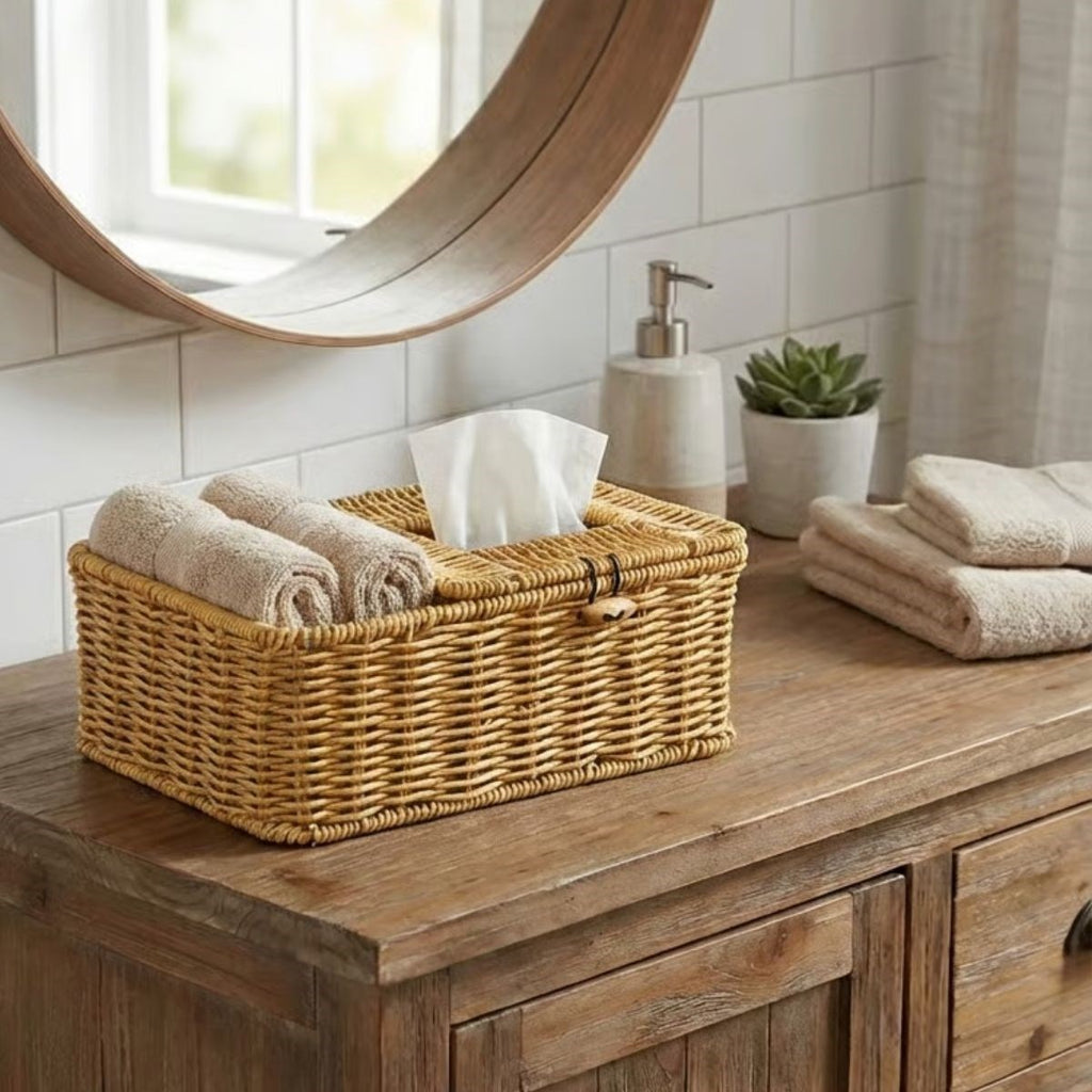 miorashop® Bölmeli Kapaklı Doğal Rattan Görünümlü Hasır Makyaj, Takı ve Havlu Düzenleyici – Peçetelikli Çok Amaçlı Masaüstü Organizer Sepet