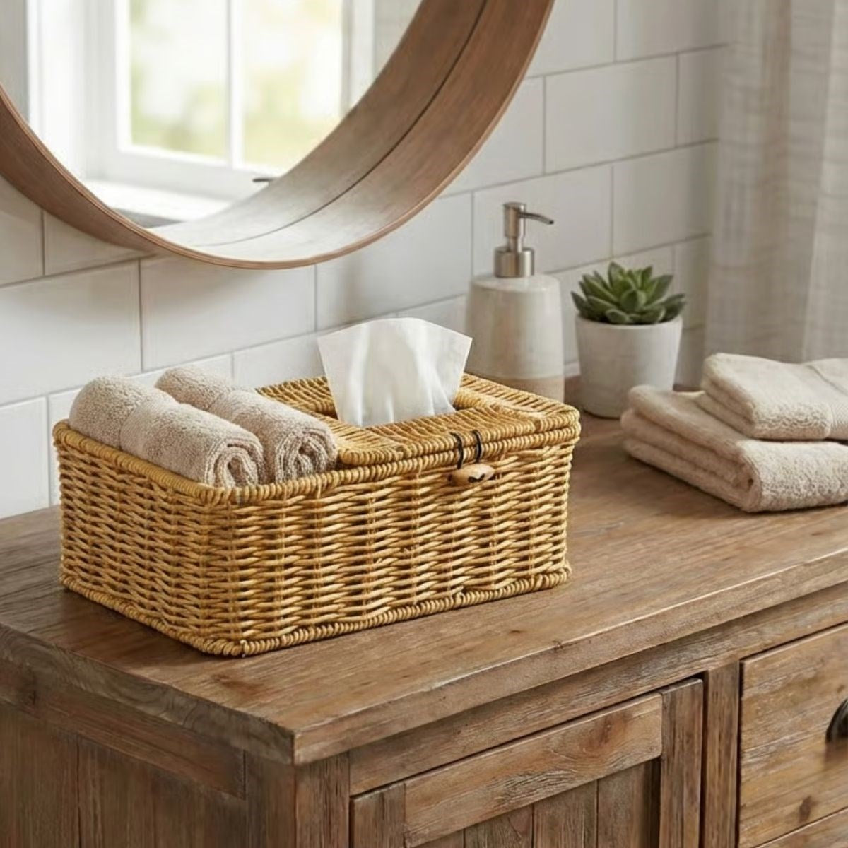 miorashop® Bölmeli Kapaklı Doğal Rattan Görünümlü Hasır Makyaj, Takı ve Havlu Düzenleyici – Peçetelikli Çok Amaçlı Masaüstü Organizer Sepet