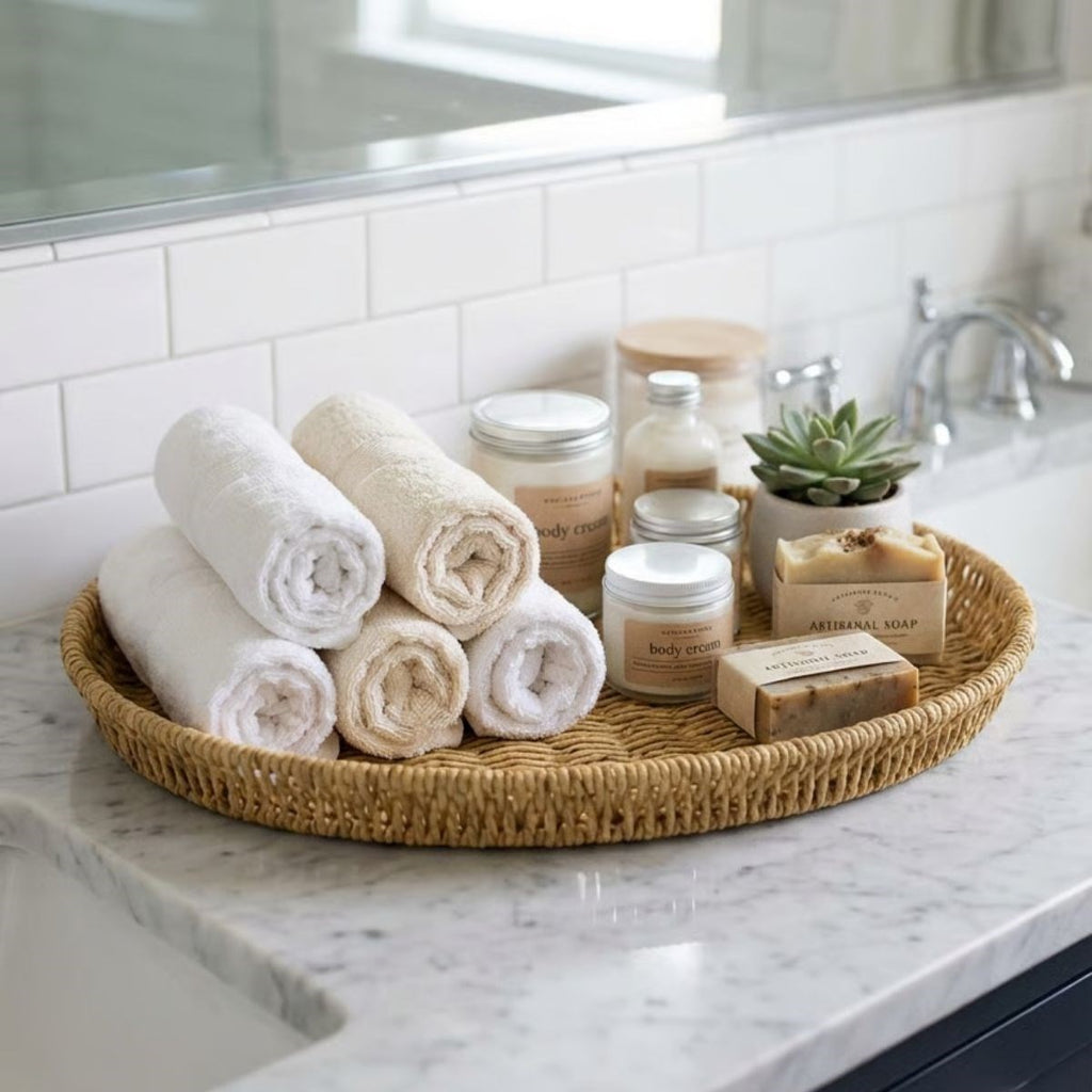 miorashop® 40 cm Plastik Rattan Tepsi – Hasır Görünümlü Dekoratif Servis Tepsisi, Mutfak, Kahvaltı, Sunum ve Masaüstü Çok Amaçlı Organizer