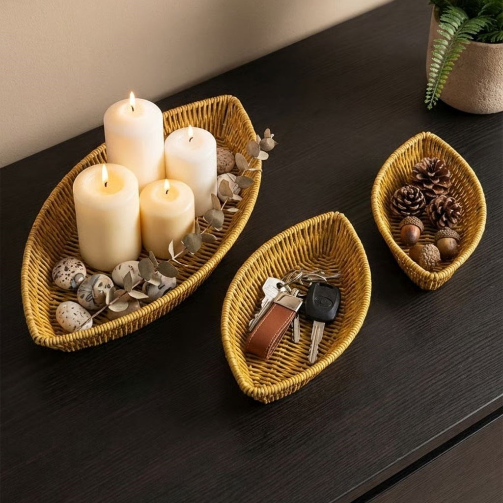 miorashop® 3’lü Kayık Formlu Plastik Rattan Sepet Seti–Hasır Görünümlü Ekmek, Meyve ve Sunum Sepetleri, Çok Amaçlı Masaüstü Organizer