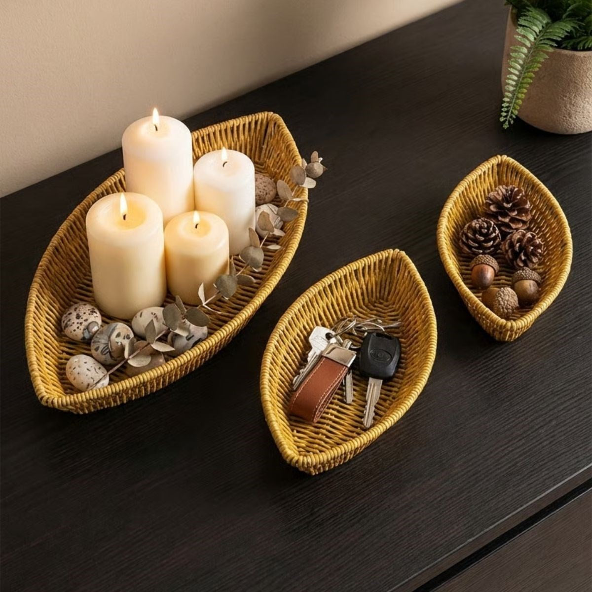 miorashop® 3’lü Kayık Formlu Plastik Rattan Sepet Seti–Hasır Görünümlü Ekmek, Meyve ve Sunum Sepetleri, Çok Amaçlı Masaüstü Organizer