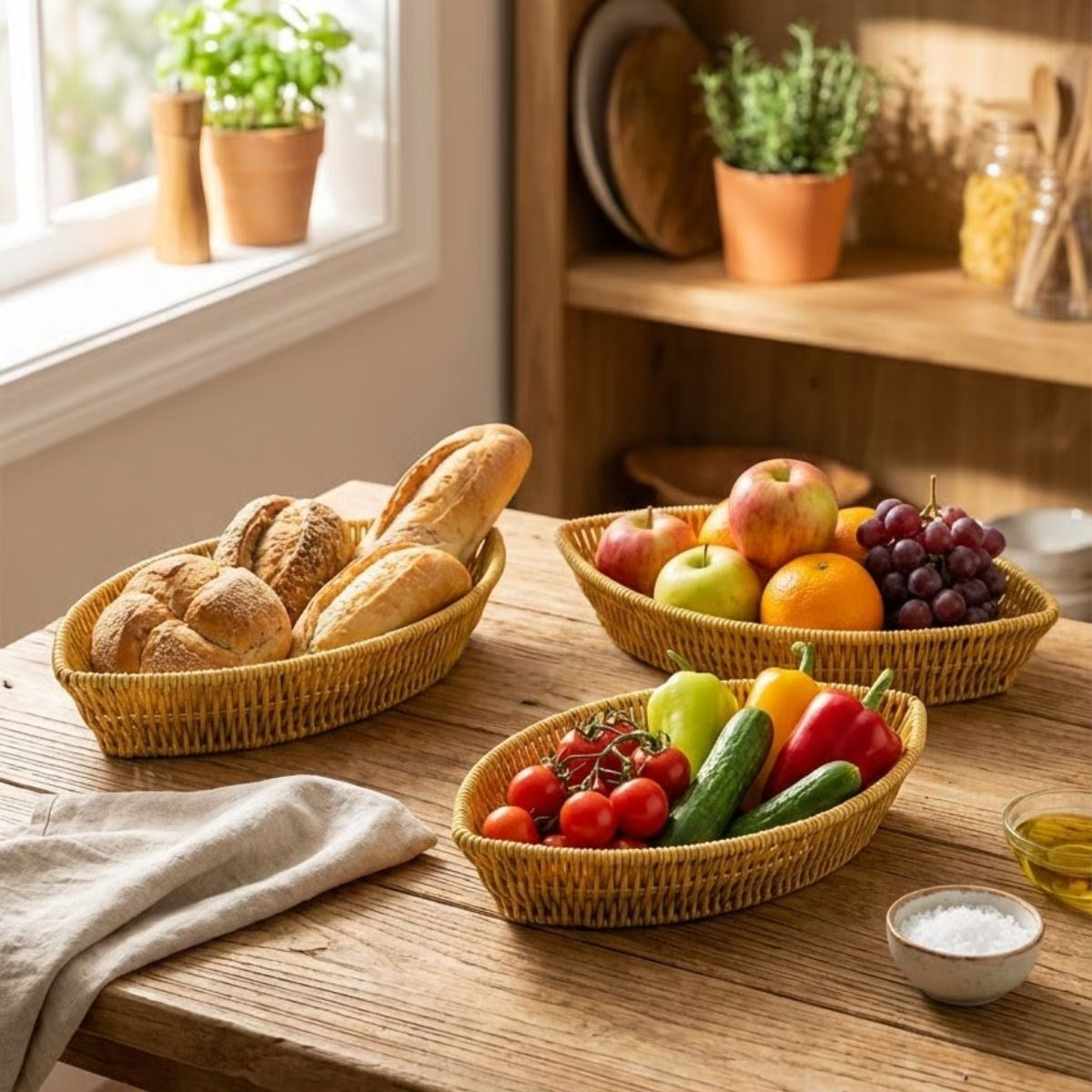 miorashop® 3’lü Kayık Formlu Plastik Rattan Sepet Seti–Hasır Görünümlü Ekmek, Meyve ve Sunum Sepetleri, Çok Amaçlı Masaüstü Organizer