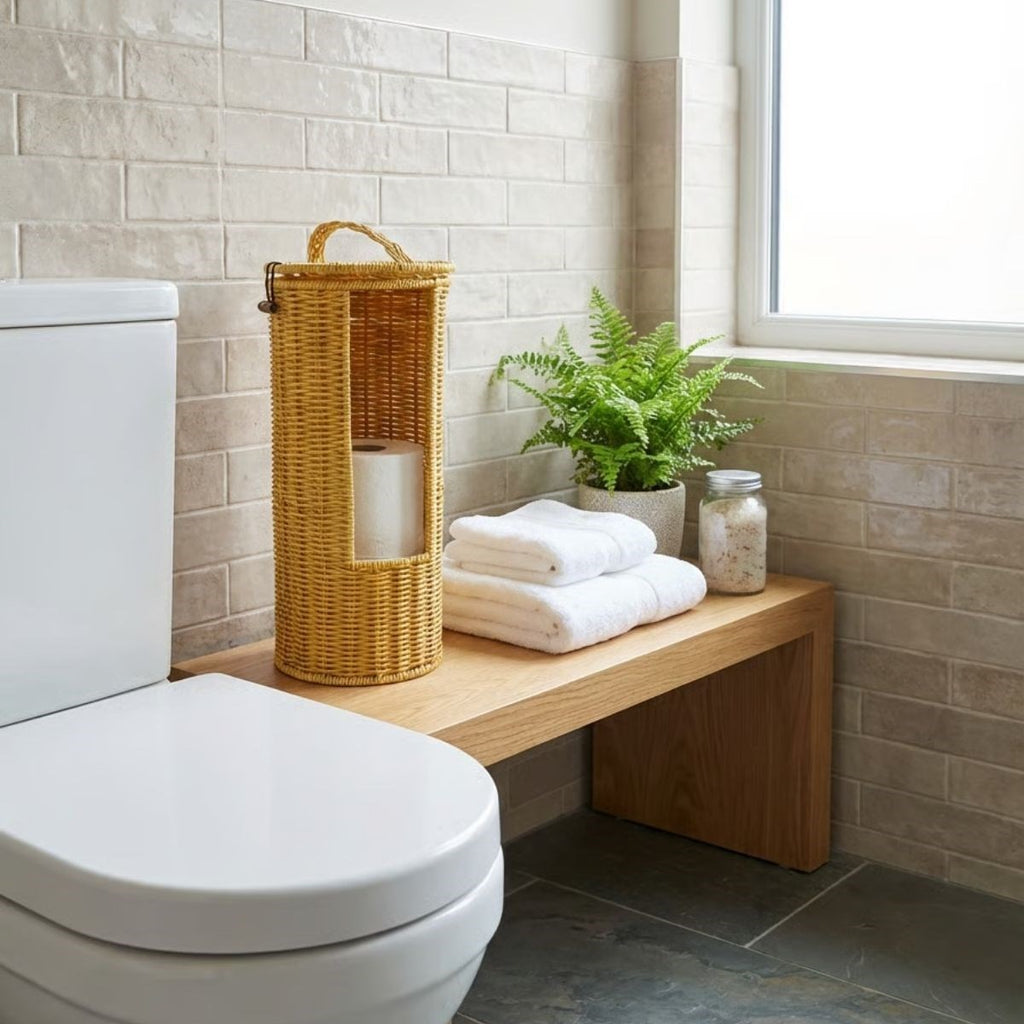 miorashop® Askılı Plastik Rattan Tuvalet Kâğıdı Standı – Hasır Görünümlü, Kapaklı, Yedekli WC Kâğıtlık, Banyo ve Tuvalet İçin Dekoratif Organizer