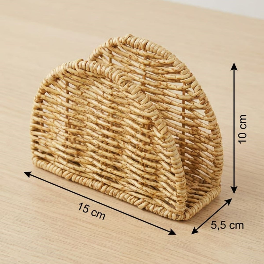 miorashop® Dekoratif Plastik Rattan Yarım Yuvarlak Peçetelik–Doğal Hasır Dokulu Masaüstü Peçete Standı