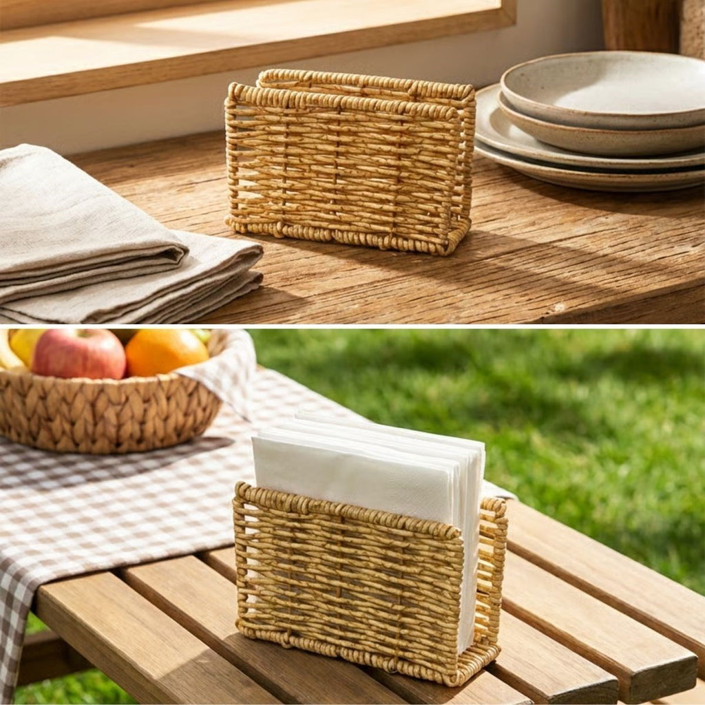 miorashop® Dekoratif Plastik Rattan Dikdörtgen Peçetelik–Doğal Hasır Dokulu Masaüstü Peçete Standı