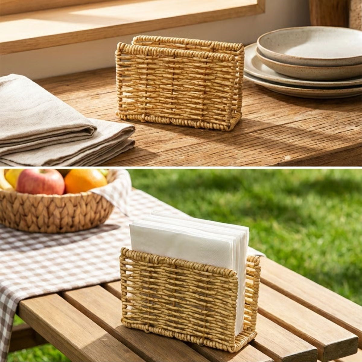 miorashop® Dekoratif Plastik Rattan Dikdörtgen Peçetelik–Doğal Hasır Dokulu Masaüstü Peçete Standı