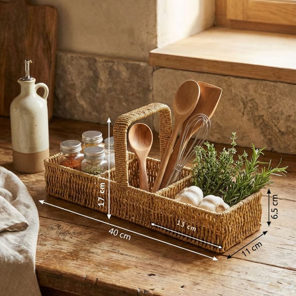 miorashop® 3 Bölmeli Plastik Rattan Düzenleyici–Saplı Masaüstü Organizer, Mutfak Kaşık Çatal Sepeti, Banyo & Ofis Çok Amaçlı Sunum Standı