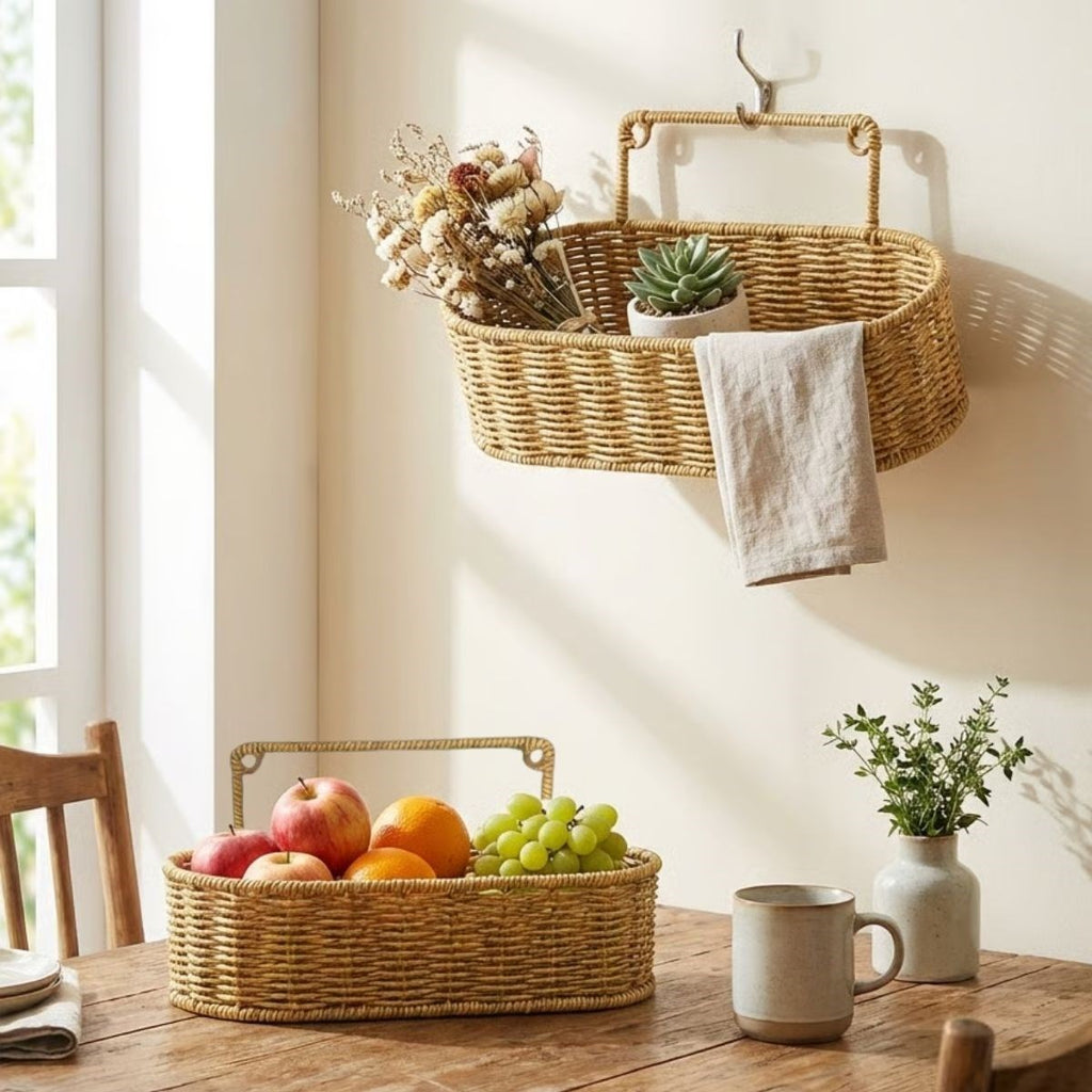 miorashop® 2’li Duvar Askılı Plastik Rattan Organizer – Oval Hasır Görünümlü Mutfak Raf Sepeti, Banyo ve Ev İçi Düzenleme Ünitesi