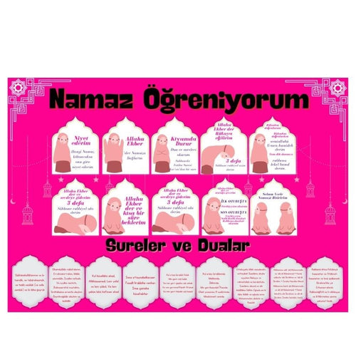 Çocuklar İçin Renkli  "namaz Öğreniyorum" Afişi - 33x48 Cm Figürlü Eğitim Materyali Kız