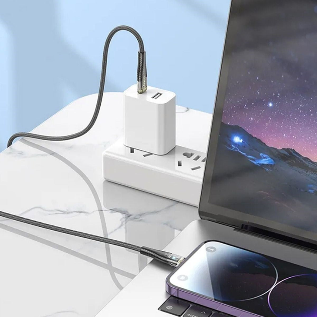 miorashop® Led Işık Uçlu Sağlam İp Kablolu USB to Lightning Hızlı Şarj Kablosu