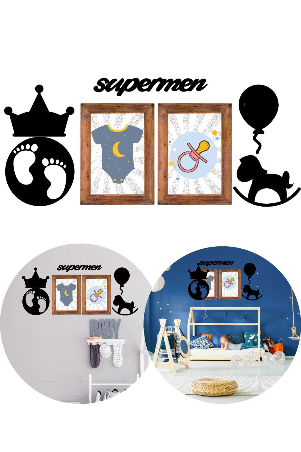 miorashop® DECO103 Supermen Dekoratif Duvar Süsü Tablo Aksesuar Ahşap Tasarım Hediye Pano Sticker Seti