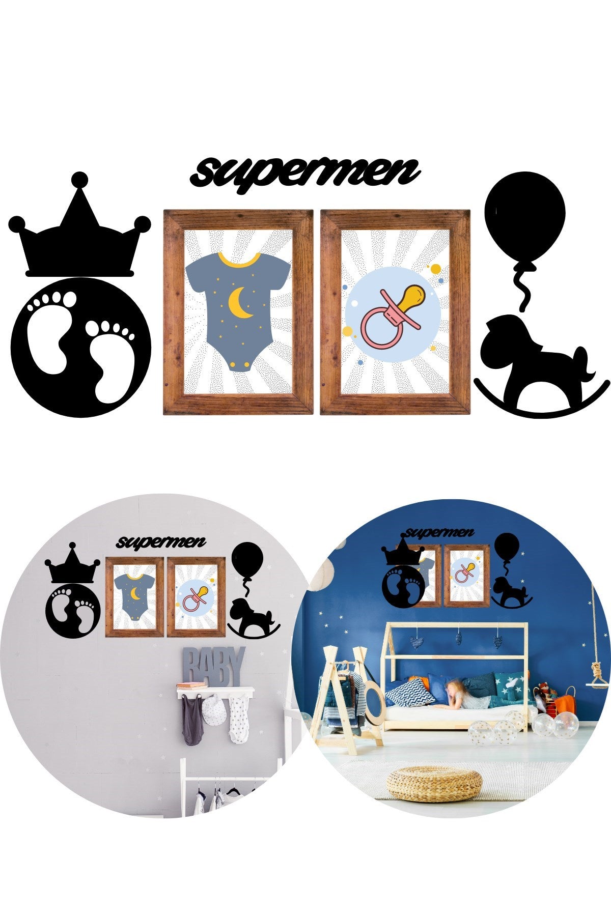 miorashop® DECO103 Supermen Dekoratif Duvar Süsü Tablo Aksesuar Ahşap Tasarım Hediye Pano Sticker Seti