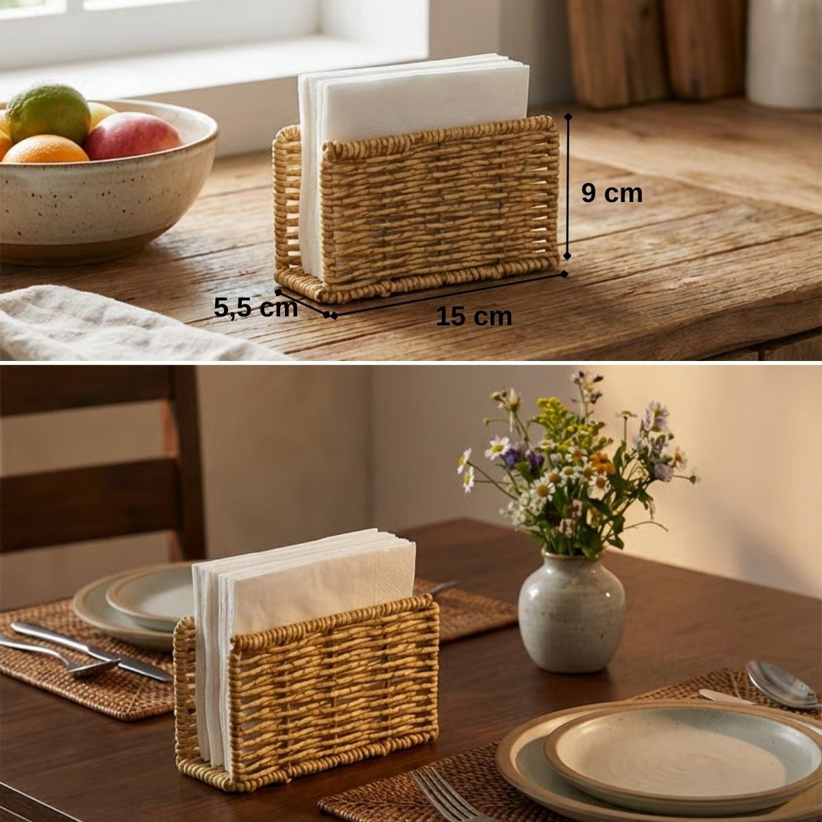 miorashop® Dekoratif Plastik Rattan Dikdörtgen Peçetelik–Doğal Hasır Dokulu Masaüstü Peçete Standı