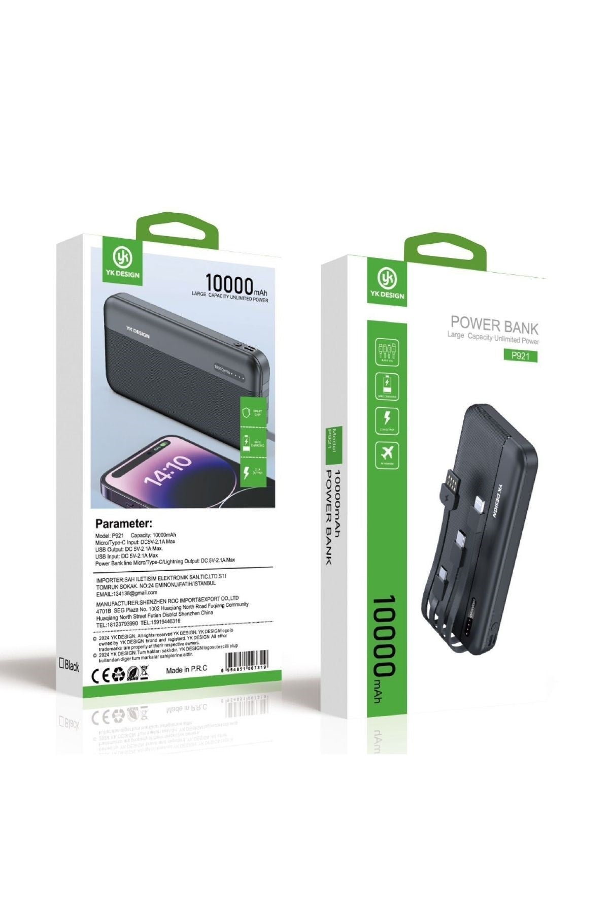 miorashop® 10000 mAh Micro Type-C USB Lightning 4 Kablolu Hızlı Kablosuz Şarj Powerbank
