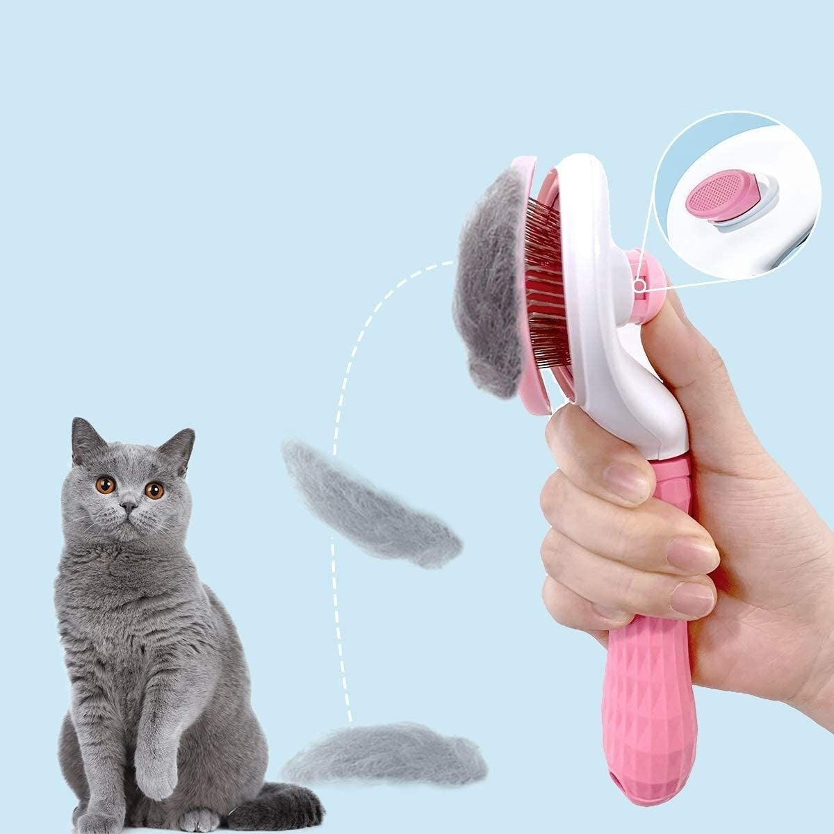 miorashop® Kedi Köpek Tüy Toplayıcı Kendini Temizleyebilen Ergonomik Saplı Evcil Hayvan Tarağı Pembe