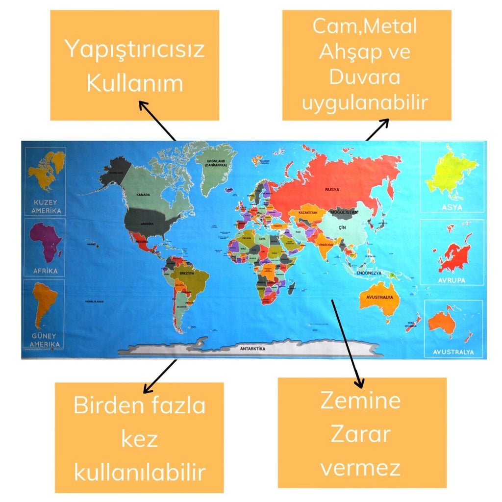 miorashop® Renkli Atlas Dünya Haritası Manyetik Yapıştırıcı Gerektirmeyen Duvar Stickerı 118 CM * 56 CM