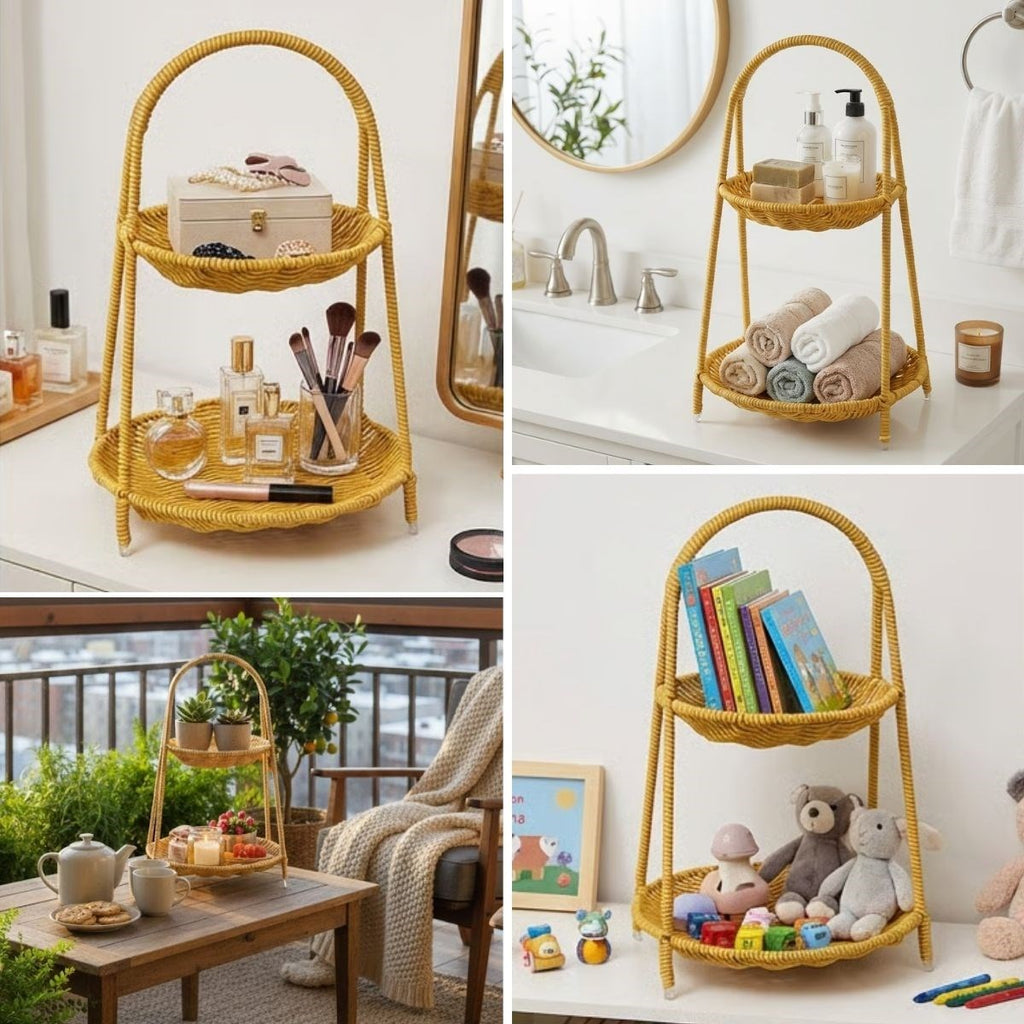 miorashop® Plastik Rattan İki Katlı Sunumluk–Dekoratif Organizer, Mutfak Meyve,Sebze Sepeti, Banyo Düzenleyici Raf,Masaüstü Çok Amaçlı Sunum Standı